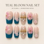 Teal French 3D Pink Flower Press‑On Nails, Nude Base Medium‑Long T‑Shape False Nails with Gold Beads & AB Rhinestones